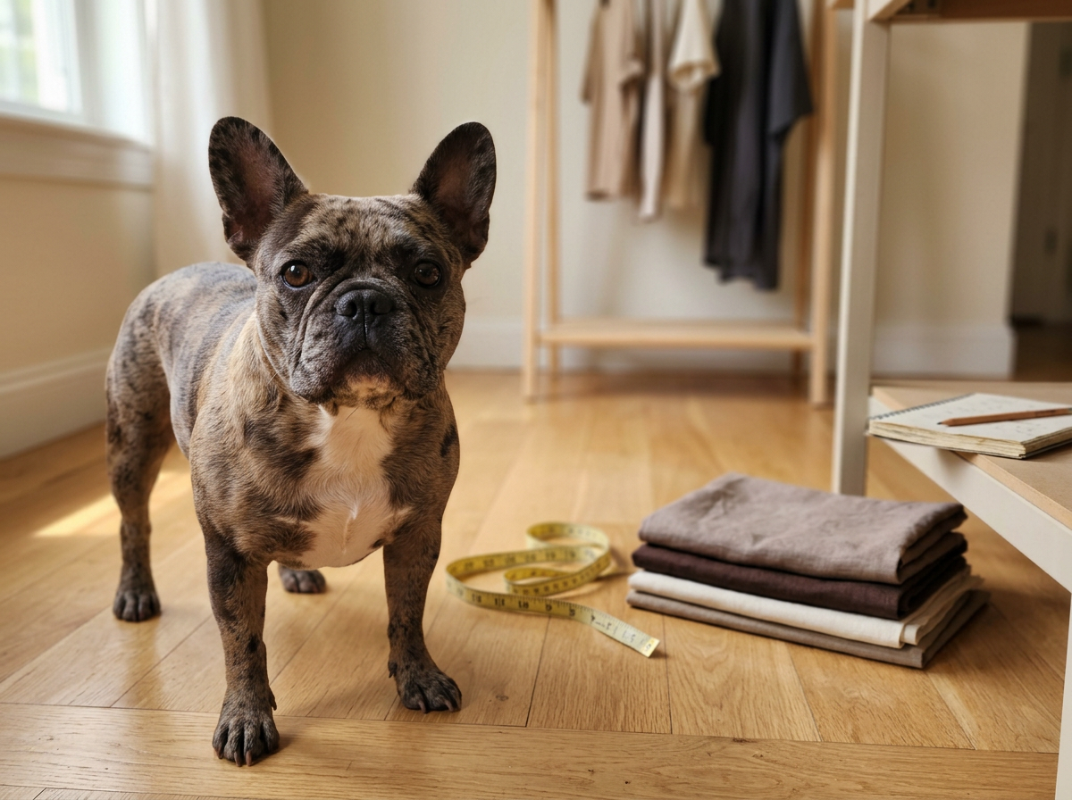 Rumi in a fit-testing studio with linen samples and a measuring tape